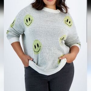Just Polly Women's Trendy Plus Size Smiley Crewneck Sweater Cream 3X